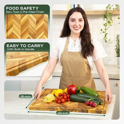 Howizz Solid Acacia Wood 24"x18" Extra Large Cutting Board, 1" Thickness Herringbone Chevron Acacia Grazing Board Large Charcuterie Serving Board, Non Toxic Natural Wood, Thick Wooden Chopping Boards - color: Premium Herringbone, size: 24"L x 18"W