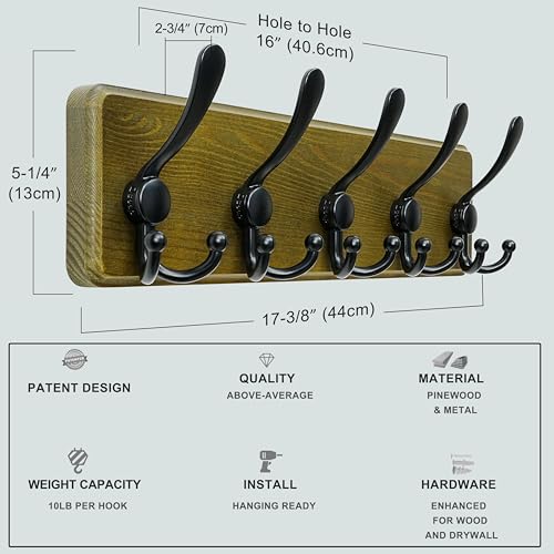 Wall Mount Coat Hanger - Heavy-Duty Robust Barnwood-Style Wooden Hook Rail with 5 Triple Hooks for Winter Coats, Hats, Jackets, Weathered Green & Black - color: Weathered Green & Black, size: L=17.4"