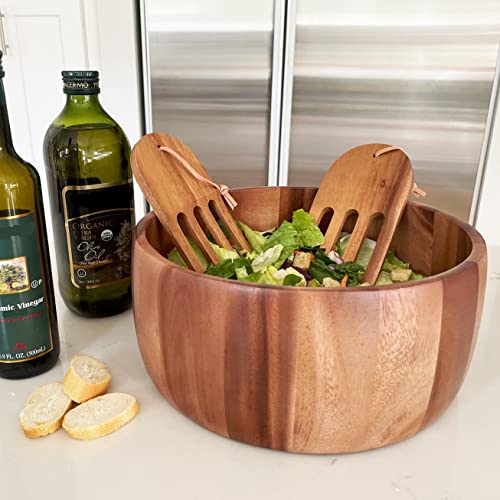 Woodard & Charles Acaica Wood 12" x 5" Serving Bowl Set with Serving Hands, 3 Piece Set ★★PACK OF 4★★ - size: 12" x 5" Bowl w/ Salad Hands-*Pack of 4*