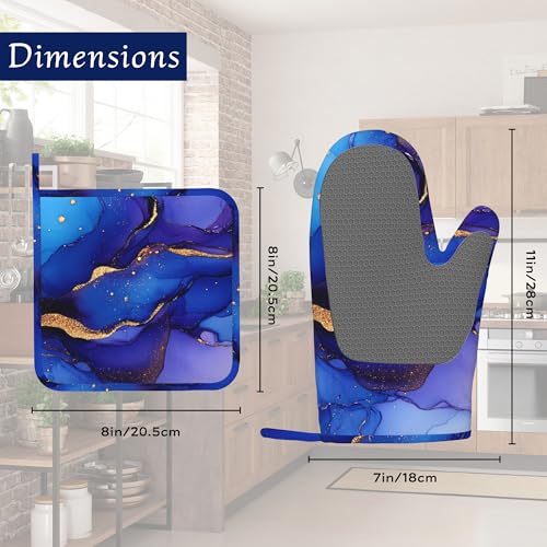 Blue Purple Gold Marble Oven Mitts and Pot Holders Sets of 4 Abstract Heat Resistant Silicone Oven Mits Gloves Non-Slip Kitchen Mittens Potholders for Cooking Baking Grilling BBQ - color: Blue Purple Gold Marble,abstract