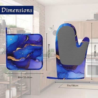 Blue Purple Gold Marble Oven Mitts and Pot Holders Sets of 4 Abstract Heat Resistant Silicone Oven Mits Gloves Non-Slip Kitchen Mittens Potholders for Cooking Baking Grilling BBQ - color: Blue Purple Gold Marble,abstract