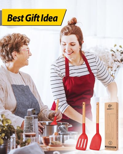 Pack of 2 Silicone Cooking Spatula, Heat Resistant Solid Turner, Non Stick Slotted Spatulas with Wooden Handle,Ideal Wood Kitchen Utensils Set for Frying, Baking, Flipping, Turning (RED) - color: Red
