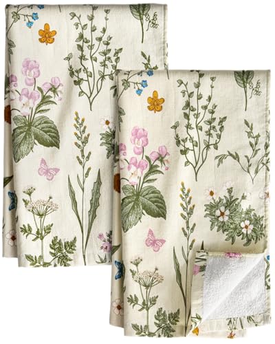 Cotton Kitchen Towels Set of 2, 16x26 Inch, Line Flower | Soft & Absorbent, Hanging Loop, Quick Dry Hand Towel, Cute Dish Towel, Decorative Terry Cloth Tea Towel, Housewarming Gift - color: Line Flower
