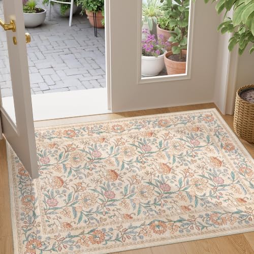 DUKINO 2x3 Rug, Washable Vintage Floral Bathroom Rugs Non Slip, Beige | Low Pile, Stain Resistant Boho Soft Indoor Door Mat, Small Front Door Carpet for Entryway Kitchen Laundry Bedroom Farmhouse - color: Beige Peach, size: 2' x 3' (Rectangular)