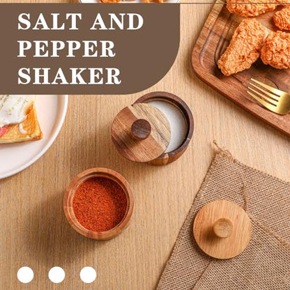 2 Pcs Wooden Pepper Salt Box Cellar with Lid Set Rustic Pepper Holder Condiment Pots Small Salt Keeper for Kitchen Spice Sugar Trinket Gift, 3.35 x 2.95 Inch