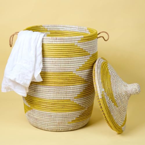 Large Wicker Basket, Yellow and White, 18 Inch Wide, 23 Inch Tall - color: Yellow White
