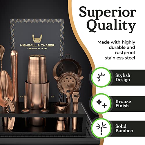 Highball & Chaser Bartender Kit with Black Bamboo Stand Beautiful Cocktail Shaker Set and Bar Tools Stainless Steel Boston Shaker Bartender Kit with Stand (Antique Copper) - color: Antique Copper