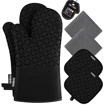 KEGOUU Oven Mitts and Pot Holders 6pcs Set, Kitchen Oven Glove High Heat Resistant 500 Degree Extra Long Oven Mitts and Potholder with Non-Slip Silicone Surface for Cooking (Black) - color: Black