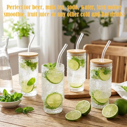 Glass Cups with Lids and Straws 16 oz Drinking Glasses Set of 8 | Ribbed Hobnail Glassware with Bamboo Lid, Iced Coffee Glass Tumbler with Straw and Lid for Hot Cold Drinks Home Kitchen - color: 16oz Mixed*8, size: 16oz