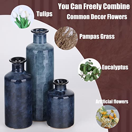 Ceramic Vases Set - Small Blue Vases for Farmhouse, Living Room, Table and Fireplace Decor