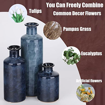 Ceramic Vases Set - Small Blue Vases for Farmhouse, Living Room, Table and Fireplace Decor