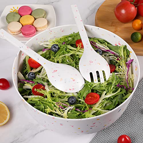 ECOWAY Melamine Salad Bowl with Bamboo Lid & Servers, Bamboo Fiber Salad Serving Bowl 4Qt, Salad Mixing Utensils with Tongs Spoon for Salad, Fruit, Soup, Vegetables, Pasta, Dessert Bowls, 9.84 Inches - color: Marbling with lid