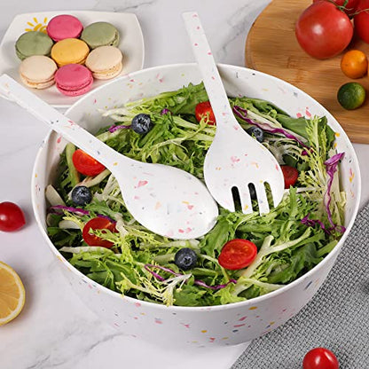 ECOWAY Melamine Salad Bowl with Bamboo Lid & Servers, Bamboo Fiber Salad Serving Bowl 4Qt, Salad Mixing Utensils with Tongs Spoon for Salad, Fruit, Soup, Vegetables, Pasta, Dessert Bowls, 9.84 Inches - color: Marbling with lid