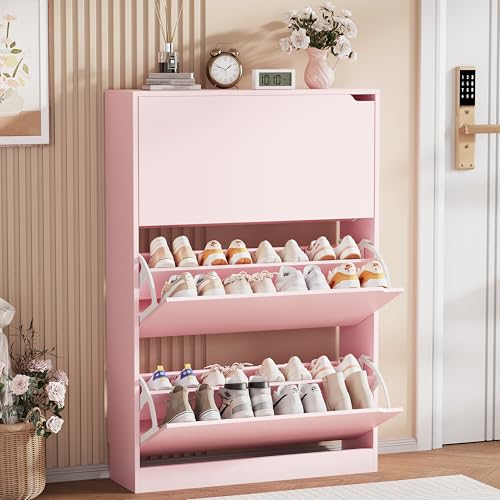 Shoe Storage Cabinet, Wood Shoe Organizer for Entryway with 3 Flip Drawers, Freestanding Shoe Rack with Adjustable Shelf, Narrow Shoe Dresser for Front Door Entrance (Pink, 3 Drawers) - color: Pink, size: Regular 3 Drawers