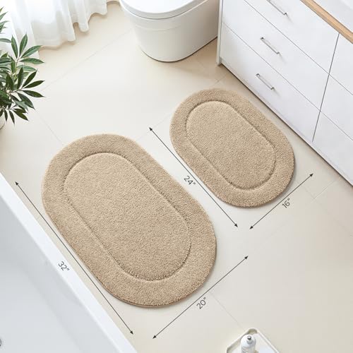 HOMEIDEAS Beige Oval Bathroom Rug Sets 2 Piece 20" x 32" + 16" x 24" | Microfiber Bath Mats, Non-Slip TPR Backing, Ultra Absorbent & Quick Dry, Machine Washable for Bathroom, Shower, Tub - color: Beige