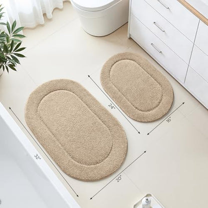 HOMEIDEAS Beige Oval Bathroom Rug Sets 2 Piece 20" x 32" + 16" x 24" | Microfiber Bath Mats, Non-Slip TPR Backing, Ultra Absorbent & Quick Dry, Machine Washable for Bathroom, Shower, Tub - color: Beige