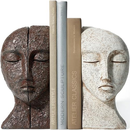 Heavy Duty Bookends for Heavy Books, Book Ends for Shelves, Unique Decorative Book Ends, Aesthetic Bookshelf Decor, Modern Home Decor Sculptural Book Holder/Book Stoppers, The Tranquil Faces