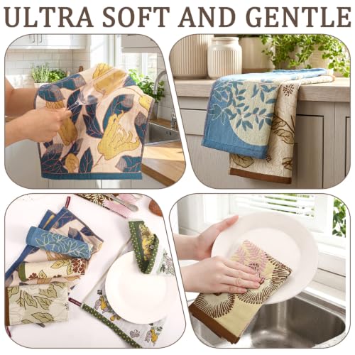 6 Pack Boho Floral Kitchen Dish Towels 100% Cotton Thick 4 Layer | Absorbent Cleaning Cloths Double Sided Quick Drying Reusable Hand Towels with Hanging Loop for Kitchen Drying