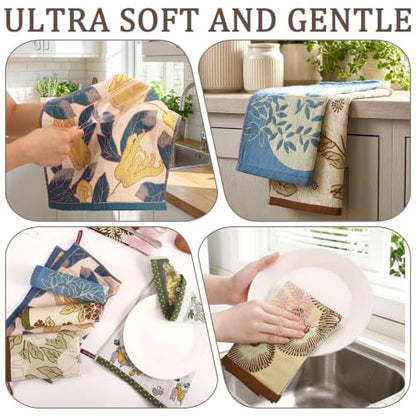 6 Pack Boho Floral Kitchen Dish Towels 100% Cotton Thick 4 Layer | Absorbent Cleaning Cloths Double Sided Quick Drying Reusable Hand Towels with Hanging Loop for Kitchen Drying