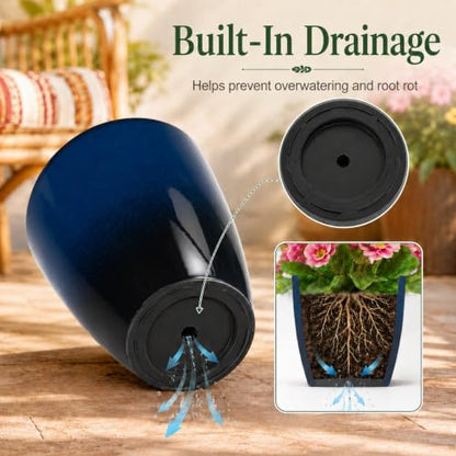 Neoaider Set of 3 Tall Planter, 24/21/12in Large Plastic Planter, Dark Blue | Ceramic-Look, Lightweight, Built-in Drain Hole, Saucers, Tall Outdoor Planter for Porch, Garden, Patio, Balcony - color: Dark Blue