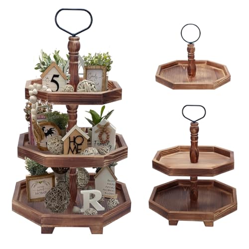 MRPAPA Tiered Tray Stand Wood Tier Serving Tray, Three Decorative Trays, Wooden Cupcake Stand 3 Tiered Farmhouse Trays for Home Decor(L 13.8” W 12.5” H 21.8”)