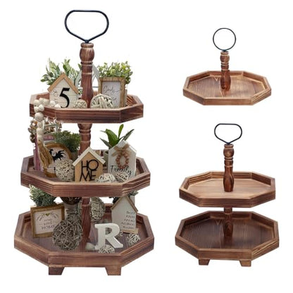 MRPAPA Tiered Tray Stand Wood Tier Serving Tray, Three Decorative Trays, Wooden Cupcake Stand 3 Tiered Farmhouse Trays for Home Decor(L 13.8” W 12.5” H 21.8”)