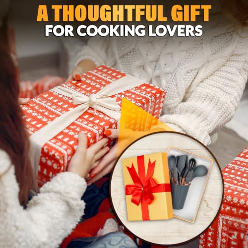 12 Pcs Gray Kitchen Utensils Set with Holder for Nonstick Cookware | Silicone Cooking Utensils Set for BBQ; Heat-Resistant Tools with Wooden Handles for Baking, Serving, Frying, and Mixing - color: Gray