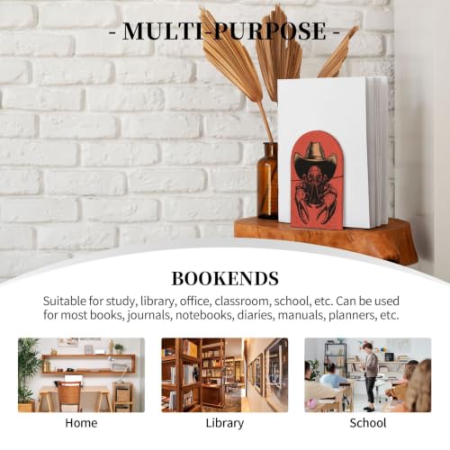 Crawfish Wearing Cowboy Hat Western Rustic Bookends | 2 Pcs Wooden Book Stopper Organizer For Home Office Libraries