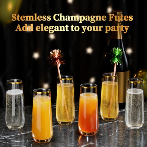 24 Pack Gold Rim Stemless Champagne Flutes, 9 oz Clear Disposable Plastic Glasses, Heavy Duty Shatterproof Recyclable Mimosa Glasses for Party Wine Tasting Wedding New Years Eve Party Supplies - color: Gold RIm, size: 24-Pack