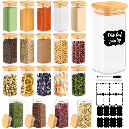 20 Pack 10 oz Square Glass Spice Jars with Lids and Labels – Airtight Small Spice Containers Set, Clear Glass Storage Jars for Seasoning, Spices, Kitchen Pantry Organization - color: Square/10oz/20pcs