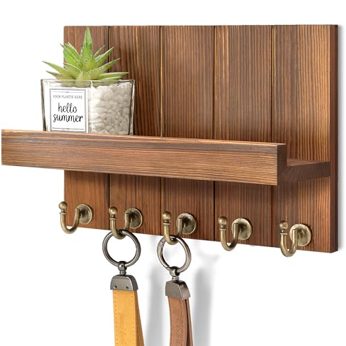 Rebee Vision Key Holder Wall Mount with Shelf for Entryway, Retro Brown | 3.54" x 10" x 7.28", 5 Key Hooks, Pine Wood, Key Holder for Wall for Home Decor, Mail Organizer, Home Organizaition - color: Retro Brown, size: 10 inches