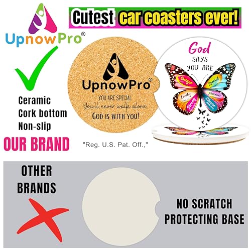 Christian Car Coasters for Cup Holders - 2 Pack Cute Butterfly Bible Verses Car Accessories for Women, Inspirational Faith Decor, Absorbent Ceramic Cup Holder Coaster for Car, Scripture Religious Gift