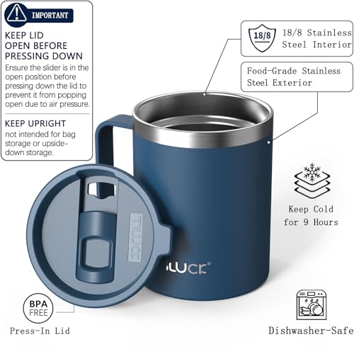 TILUCK 12 oz Insulated Coffee Mug with Lid and Handle | BPA-Free Lid, Double-Wall Vacuum Insulation, Stainless Steel Coffee Cup, Dishwasher Safe Mug for Hot & Cold Drinks, DarkBlue - color: Matte DarkBlue, size: 12 Ounces