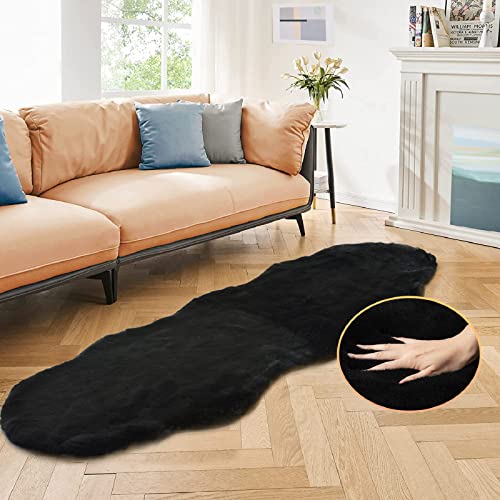 ORINOVA Black Shag Washable Fluffy Fur Area Rugs for Bedroom Living Room Faux Rabbit Fur Nursery Rug 2x6 Cute Shaped Rug Room Décor - color: Black, size: 2' x 6' (Oblong)