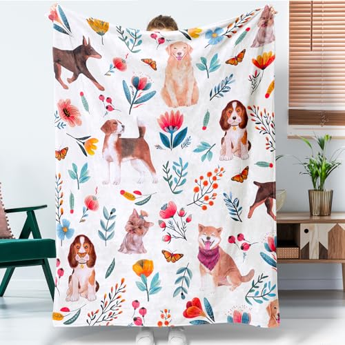 Dog Floral Flower Throw Blanket Gift for Dog Lover Blanket Dogs Themed Flannel Fleece Cozy Fuzzy Plush Throw Blankets for Home - color: Flower Dog, size: 50" X 60"