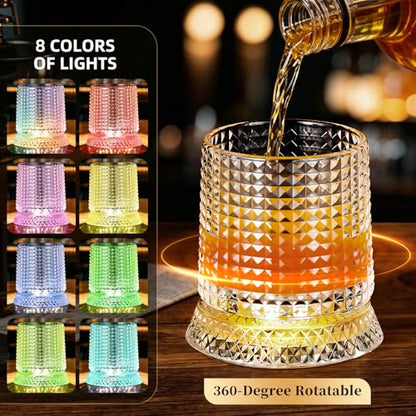 Luxury 360° Spinning Crystal Whiskey Glass Set Of 2, Rotating Old Fashioned Rocks Glasses & & 4 Color Lighting, Scotch & Bourbon, Cocktail Glasses for Bar, Party, Home and Gift (Grid) - color: Grid