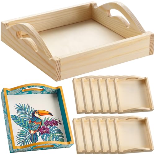 Ferrochef 12 Pcs Unfinished Wooden Trays for Crafts, 5.9 Inch Mini Square Pine Wood Trays with Handles, Blank Wood Serving Tray for DIY Painting, Party Favors, Home Decor