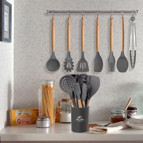 MIBOTE Silicone Cooking Kitchen Utensils Set, 17 Pcs, Wooden Handle, Grey | BPA-Free, Non-Toxic Silicone Turner, Tongs, Spatula, Spoon Set – Great for Nonstick Cookware, Heat-Resistant, Easy Clean - color: Gray