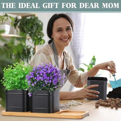 LemonRoad 6 Pcs Indoor Herb Planter Window Herb Pots for Kitchen with Drainage Hole and Bamboo Tray Farmhouse Metal Garden Planter Pot with DIY Label Mom Plant Gift(Black,Square) - color: Black
