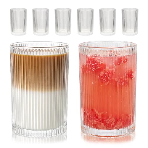 Set of 6 Large capacity Ribbed Glassware, 17oz Vintage Clear Glass Tumbler, Origami Style, Fluted Design, Ideal for Water, Iced Coffee, Mixed Drinkware, Tea, Latte, Housewarming Gift
