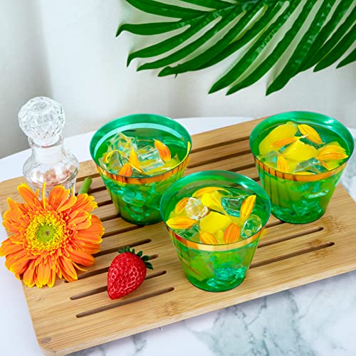150 PCS Green Plastic Cups,9oz Clear Green Disposable Cups with Gold Rim | Old Fashioned Tumblers Gold Rimmed Green Plastic Cups,Unbreakable cups for Any occasion: Weddings, Parties, Business Events - color: Green