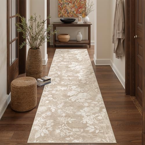Soalmost Washable Runner Rug 2x8, Neutral Floral Hallway Runner Rug Tan | Oriental Soft Low Pile Non-Slip Thin Carpet Runner for Kitchen Bathroom Laundry Room Bedroom Entryway 2'x8' - color: Floral Tan, size: 2' x 8' (Runner)
