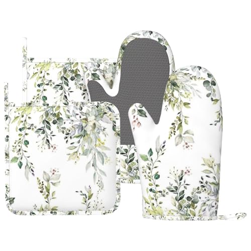 Sage Green Eucalyptus Oven Mitts and Pot Holders Set, 4pcs Silicone Watercolor Butterfly Leaves Oven Glove for Kitchen Heat Resistant Oven Mitts and Potholders Non-Slip for Cooking - color: Sage Green
