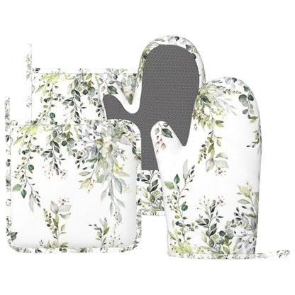 Sage Green Eucalyptus Oven Mitts and Pot Holders Set, 4pcs Silicone Watercolor Butterfly Leaves Oven Glove for Kitchen Heat Resistant Oven Mitts and Potholders Non-Slip for Cooking - color: Sage Green