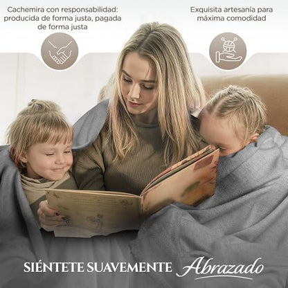 Cashmere Blanket – Hand Woven 100% Pure Wool Throw Blanket, 135 x 270 cm – Fine Herringbone Pattern Cozy, and Soft Blanket for Bed, Sofa, or Couch - Made in Nepal - color: Grey