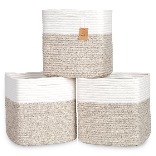 NaturalCozy 13 Inch Cube Storage Bins Cotton Rope Woven Baskets for Organizing 3-Pack | 13 x 13 Storage Cubes | Fabric Square Storage Baskets for Shelves Organizer, Kids Toy Bins, Closet Baby Nursery - color: Off White & Mixed Brown, size: 13 x 13 x 13 (S