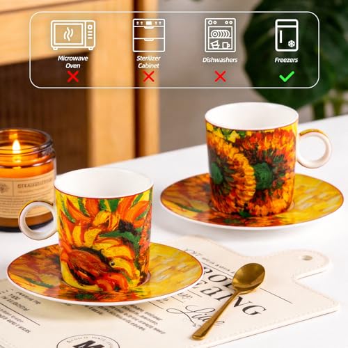 KAMMAK Tea Cups and Saucers Set of 2, Porcelain Coffee Cups, JBE006 | Stackable Espresso Mugs, Ceramic Demitasse for Coffee, Cappuccino, Latte, Americano, Tea - size: 8CZJBE006