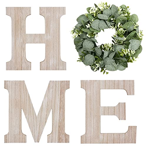 Wood Home Sign with Eucalyptus Wreath for O Home Decor Wall Decor | Hanging Farmhouse Wall House Decor Wood Letters for Wall Art Rustic Home Wall Decor Living Room Kitchen Entryway Natural - color: Natural+Eucalyptus, size: 9.8L" x 9.8W"