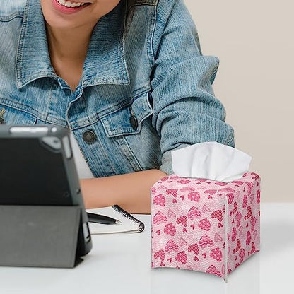 Heart Print Square Tissue Box Cover Pu Leather Tissue Holder Facial Paper Cover Waterproof Easy to Install Toilet Paper Holder for Bathroom Bedroom - color: Heart