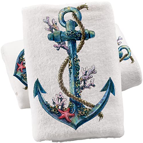 Ocean Nautical Anchor Hand Towels for Bathroom Set of 2, Beach Coastal Fingertip Towel Face Towel Cotton Soft Absorbent Decorative Bath Towels 15.5x29.5 inch,Nautical Anchor Starfish - color: Green
